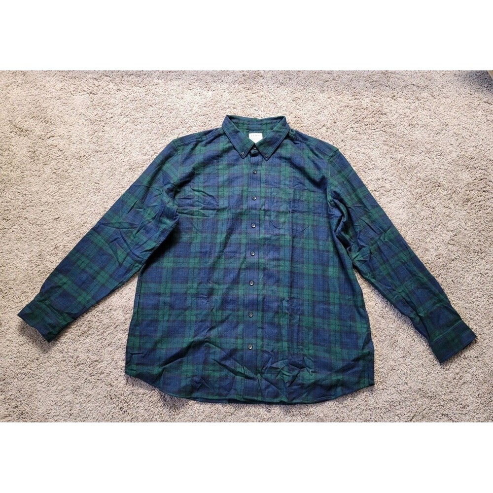 LL Bean Shirt Mens XXL Tall Blue Green Flannel Shirt Black Watch Scotch Plaid